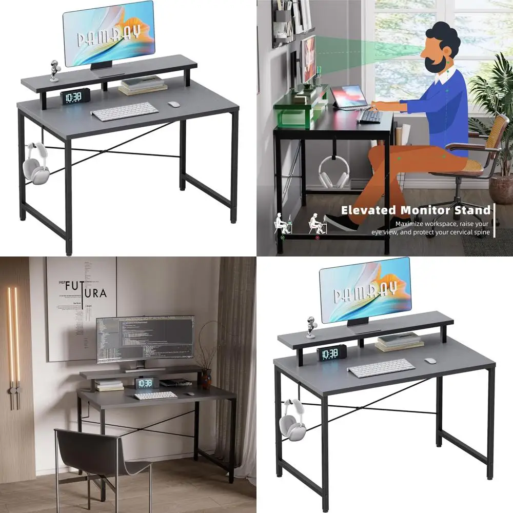 

Compact 32 Grey Desk with Monitor Stand and Headphone Hook for Small Spaces, Ideal for Kids Study and Writing in Bedrooms