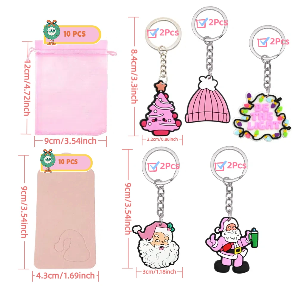 10 Sets,Pink Christmas Party Favors Christmas Keychains with Organza Bags Thank You Tags