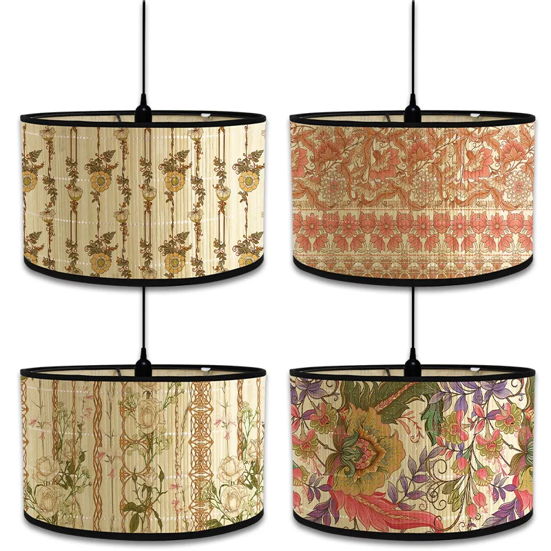 Japanese Vintage Printed Lampshade Bedroom Living Room Bamboo Decorative Chandelier Home Homestays Decor Retro Lampshade