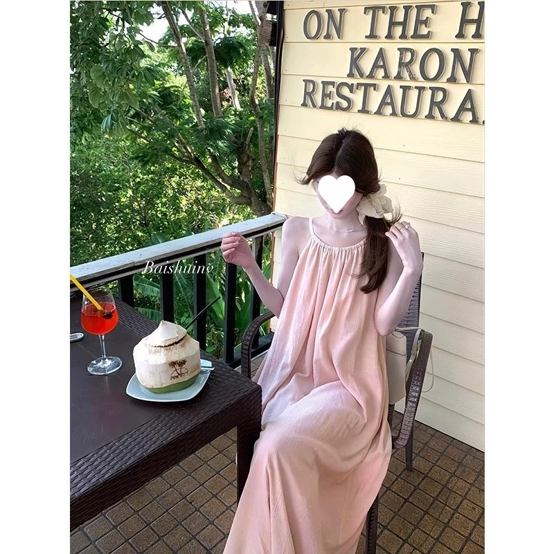 Dresses Spring Summer Basics Daily Folds Plain Sleeveless Scoop Neck Maxi Cami Vacation Dresses For Women