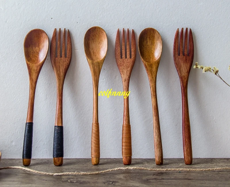 

20sets Free shipping 18*3cm Wooden Spoon + wood Fork Kitchen Cooking Utensil Tool Soup Teaspoon Catering Tools