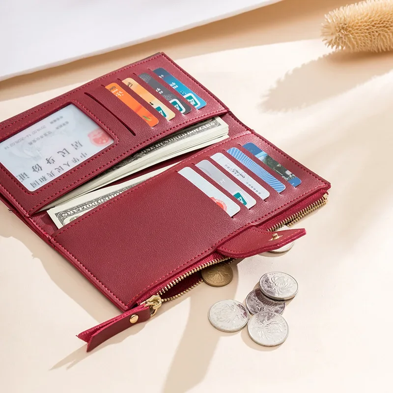 Women's Long Wallet Tri-Fold Zipper & Buckle Clutch Bag Large Capacity PU Leather Purse with Multi-Card Slots for Daily