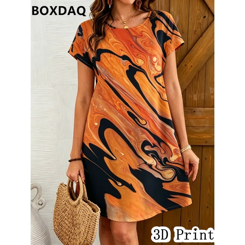 Summer women's short sleeve dress Loose Casual Geometric grid pattern Loose Casual A-Line dress