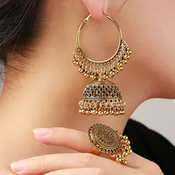 Ethnic Big Round Bells Tassel Earring Ring Set for Women Vintage Gold Plated Jewelry Sets Wedding Party Jewelry Accessories