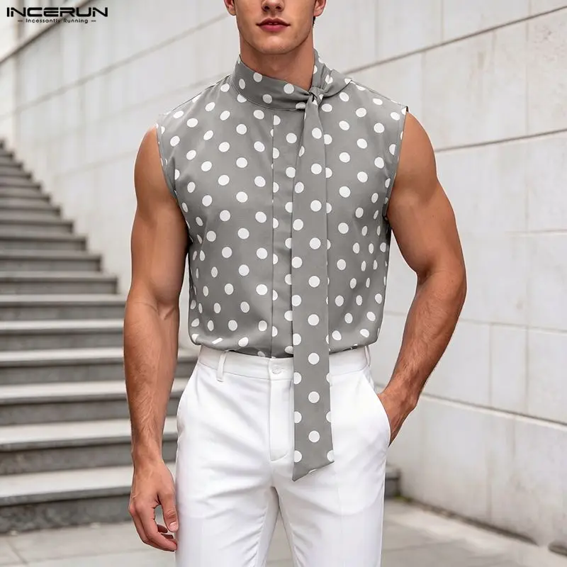 INCERUN Men's Tank Tops Polka Dot Printing Tie Up Sleeveless Men Clothes Summer Streetwear Loose Tops 2026 Fashion Casual Vests
