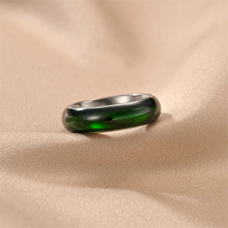 Simple Vintage Artificial Green Jade Stainless Steel Mens Womens Rings Charm Trendy For Couple Girl Boyfriend Jewelry Gift