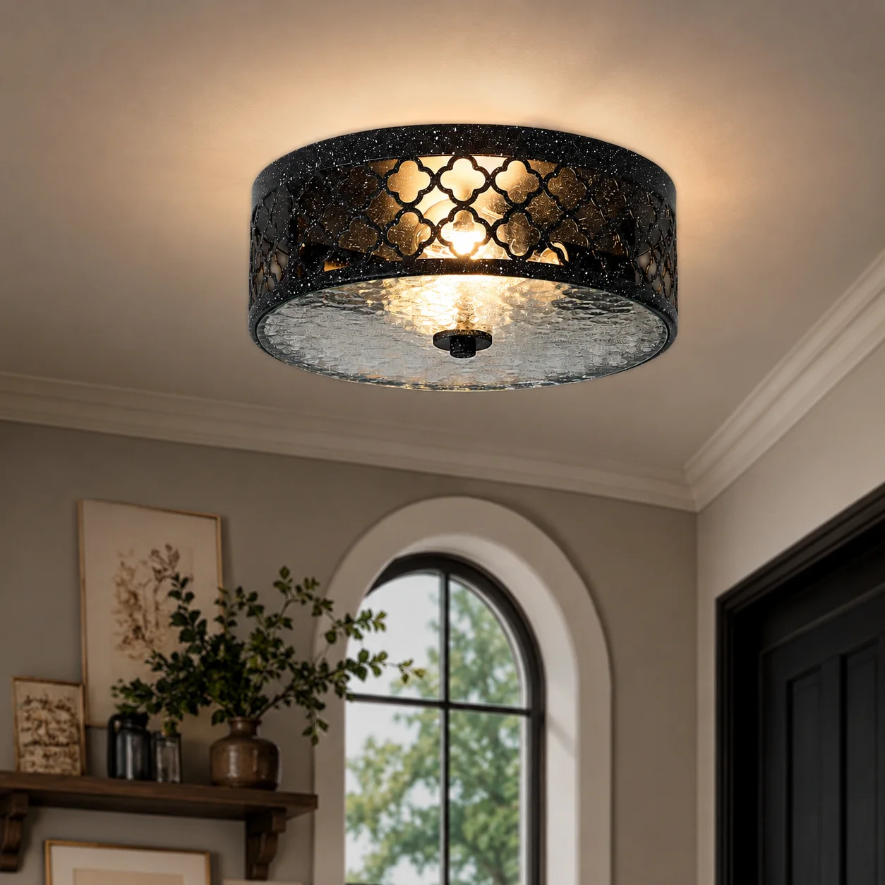 

Vintage Black Gold Flush Mount Ceiling Light Luxury Retro Drum Ceiling Lamp with LED Bulb for Bedroom Kitchen Hallway Entryway