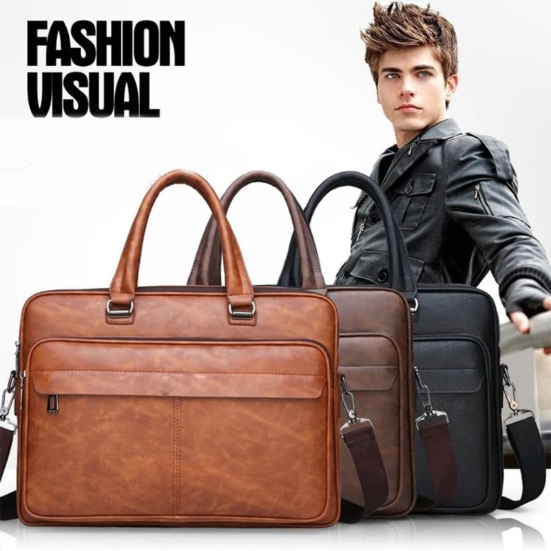 

Men Retro PU Leather Business Handbag Large Capacity Laptop Messenger Bag Waterproof Document Bag with Detachable Shoulder Strap