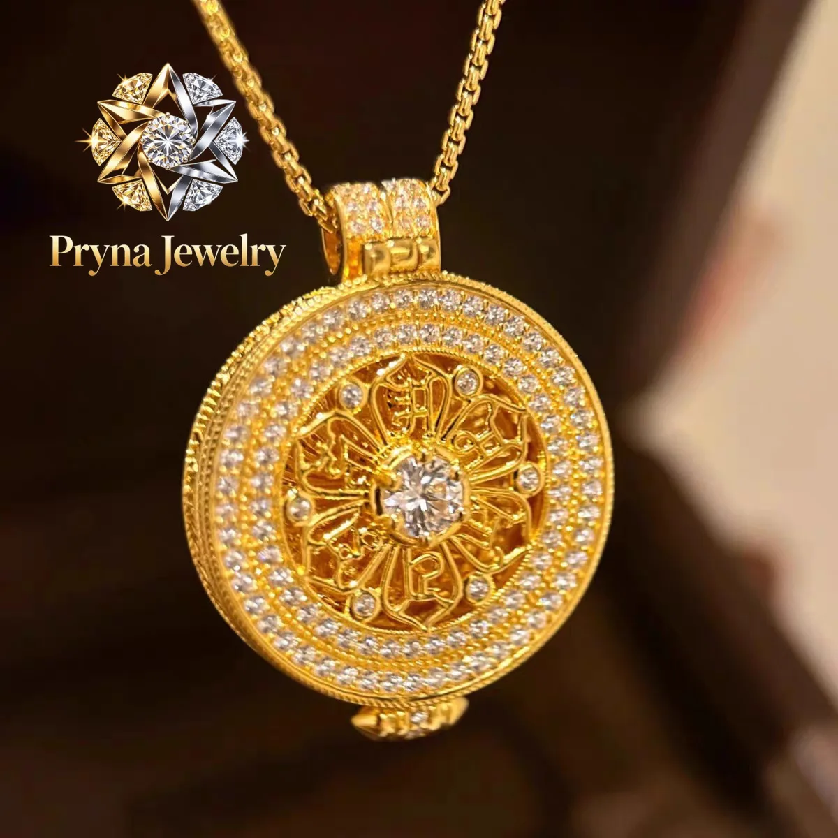 Pryna Jewelry  Men and Women 24K Gold AU999 Gawu Box with Six-Syllable Mantra Pendant | Magnetic detachable lid with scripture e