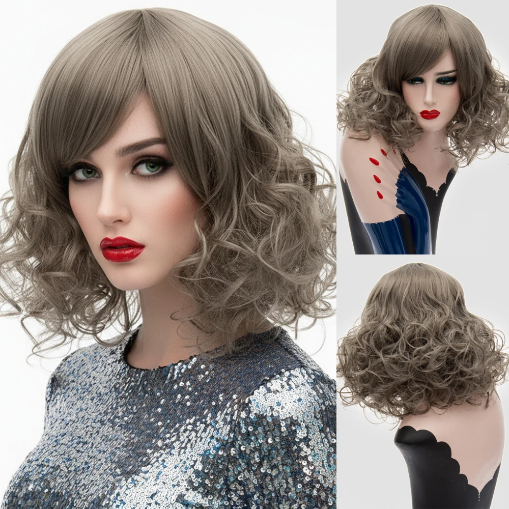 

Heat Resistant Short Wavy Grey Wig With Side Bang Synthetic Hair for Women’s Cosplay Halloween & Party