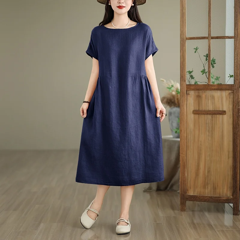 

Летнее платье-туника в корейском стиле из льна и чистого хлопка, приталенное, с круглым вырезом и одним открытым плечом, средней длины, для женщин