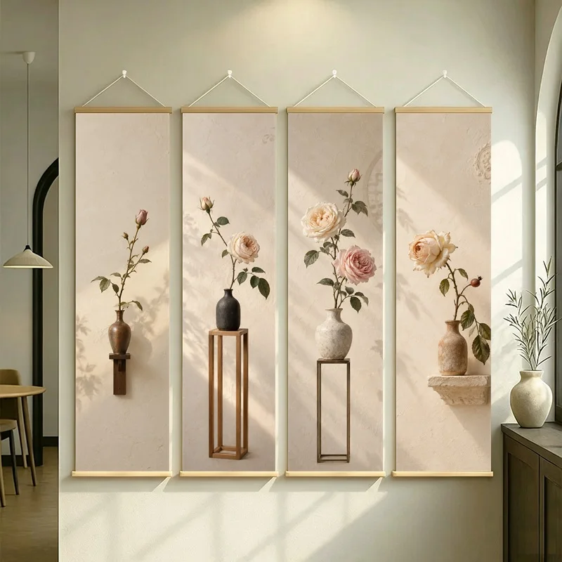 Rose Wall Art 4-Panel Blush Floral Vase Hanging Scroll Set on Cream Silver Shimmer Canvas for Romantic Living Room Decor