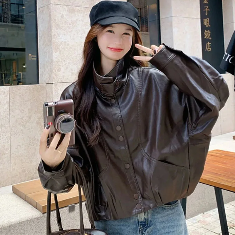 American Women High End PU Leather Coat Autumn Lady Casual Faux Leather Jacket Spring Femme Fashion Long Sleeved Leather Outwear