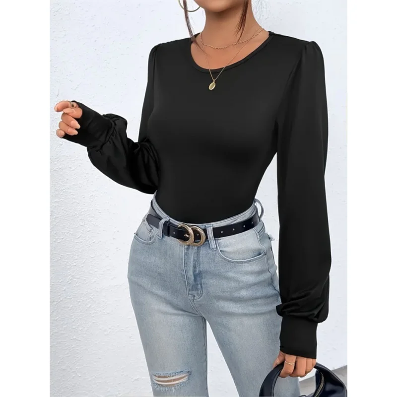 جمبسوت نسائي أسود برقبة دائرية وأكمام طويلة لخريف/شتاء بقصة ضيقة، جمبسوت نسائي غير رسمي بلون واحد على طراز الشارع #1