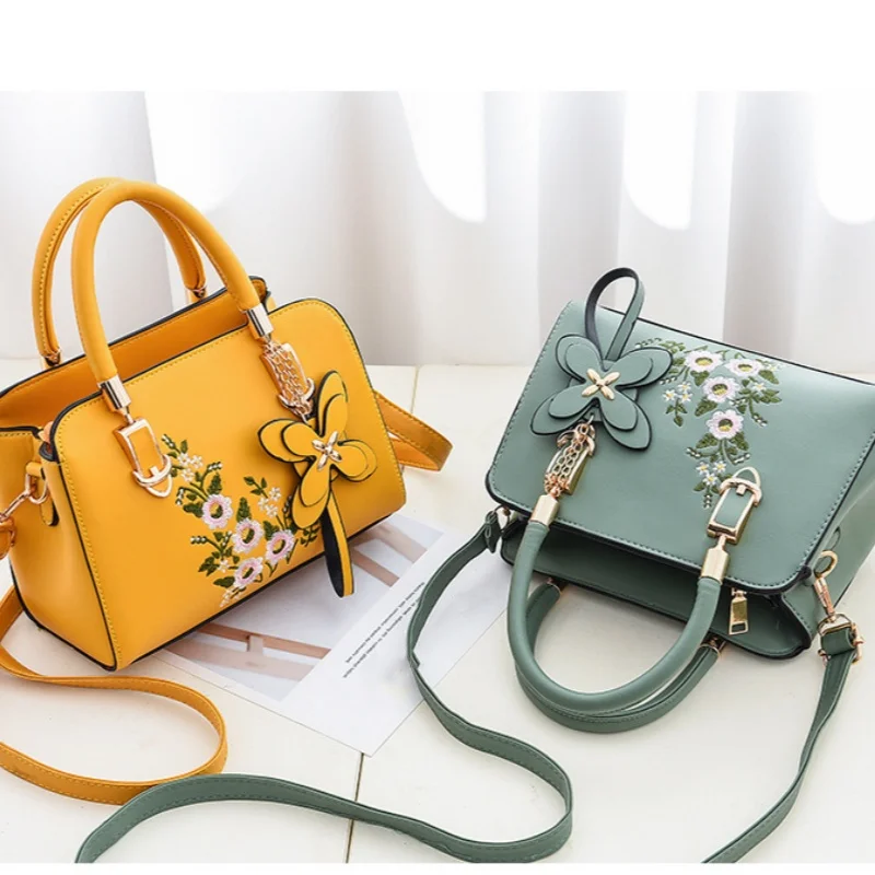 1PC Embroidery shoulder bag high quality large capacity PU soft leather handbag fashionable hundred shoulder crossbody bag