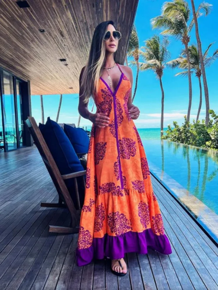 

Sister Star Women's Fashion Temperament Printed Sleeveless V-Neck Halter Loose Waist Fresh Sweet Oversized Swing Long Dresses