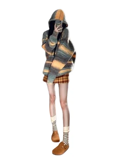 Autumn and Winter Hot Item Contrasting Stripes Lazy Style Soft and Sticky Hooded Knitted Sweater