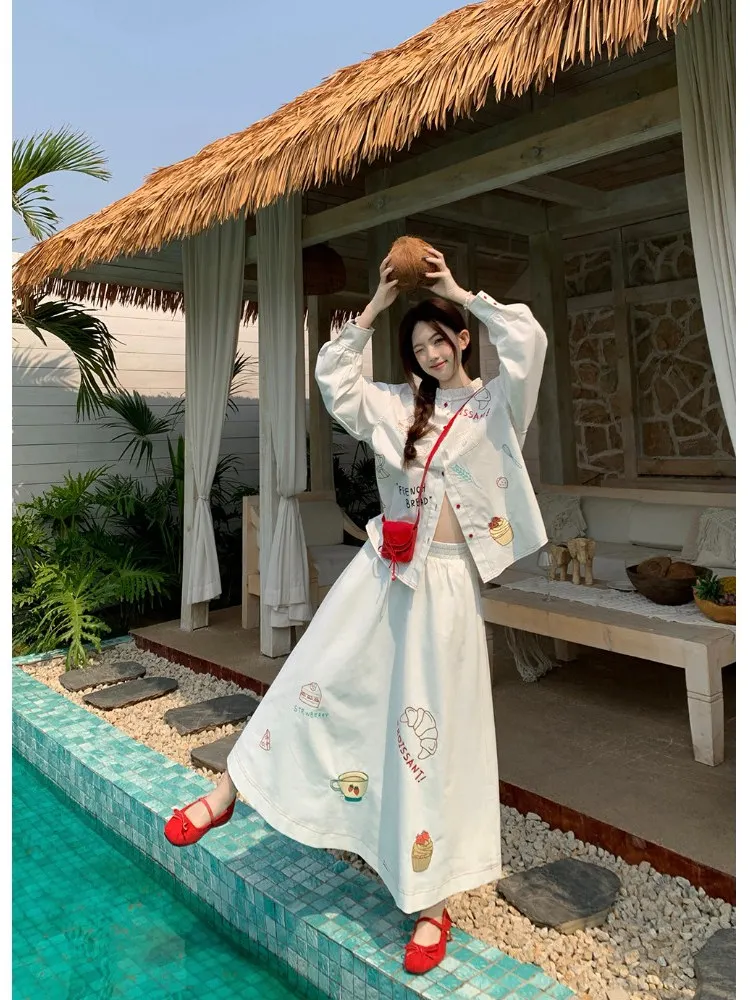 SALIENCY Retro Colorful Embroidery Skirt Set Female Summer 2025 Elegant Pring Stand Collar Shirt A-line Mid-length Skirt Outfit