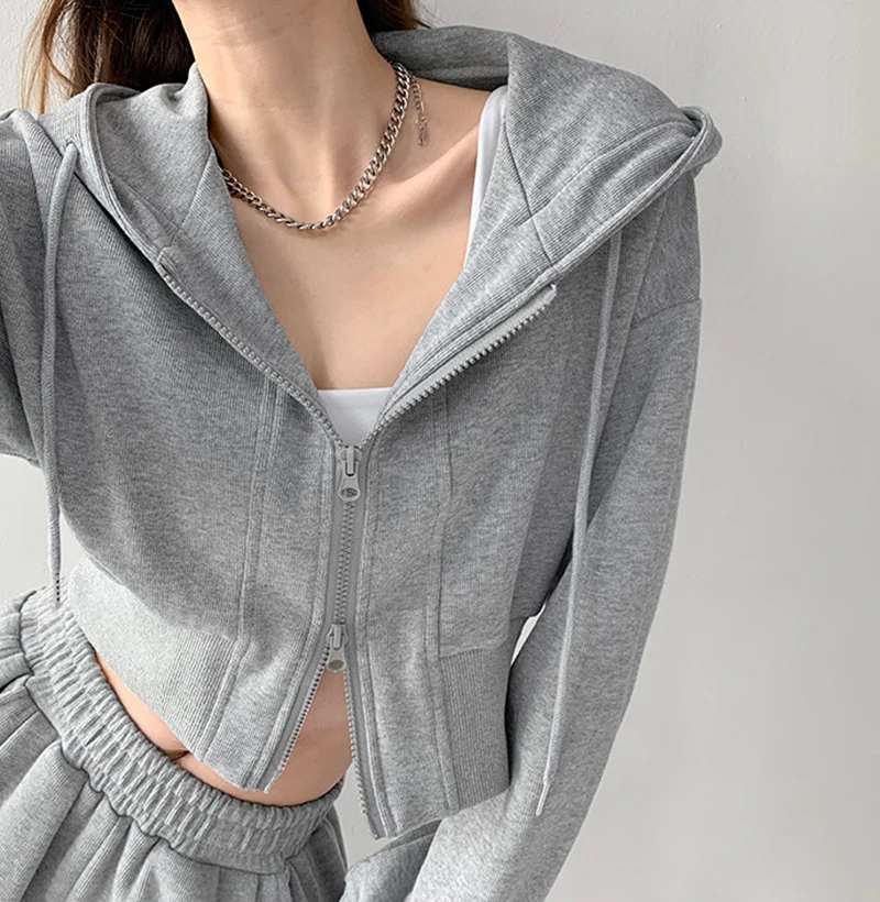 Women Cropped Hoodie Two Way Zipper Jacket Drawstring Hem Sweatshirt Slim Fit Long Sleeve Grey Athletic Yoga Gym Running Top