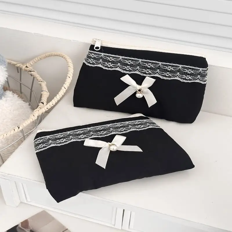 Schwarze Spitzen-Schleifen-Kosmetiktasche mit großer Kapazität, Reise-Kosmetik-Organizer, niedliche koreanische tragbare Tasche für Frauen – Detail 9