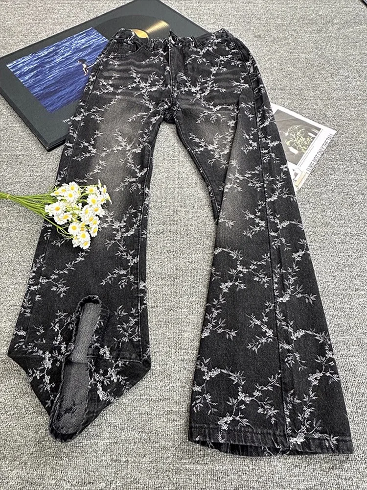 

Весенне-осенние черные жаккардовые джинсы, модные уличные мужские джинсовые брюки, американские повседневные потертые прямые брюки в стиле ретро