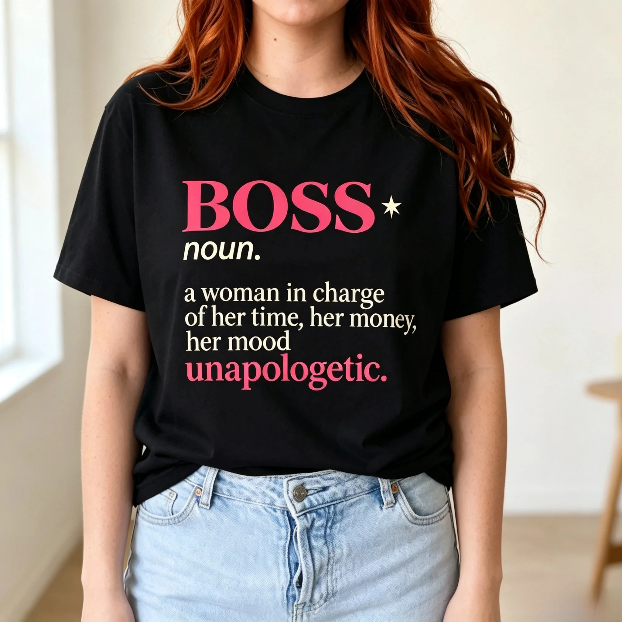 Boss Definition Text Graphic T-Shirt, Feminist Quote Typography Black Short Sleeve Tee For Women
