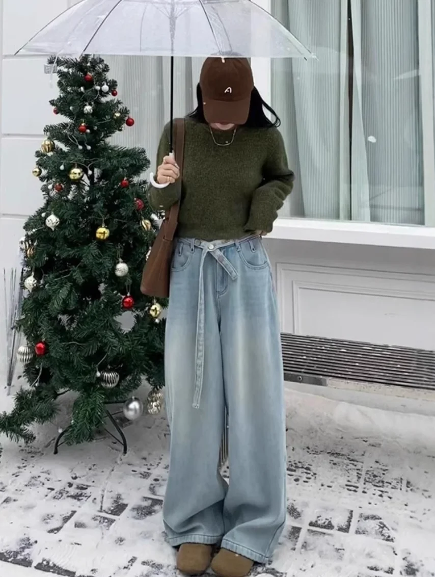 Y2K Wide Leg Pants Women Light Color Denim Waist Belt Design Slim Fit Niche Fashion Floor Length Inspired Jeans