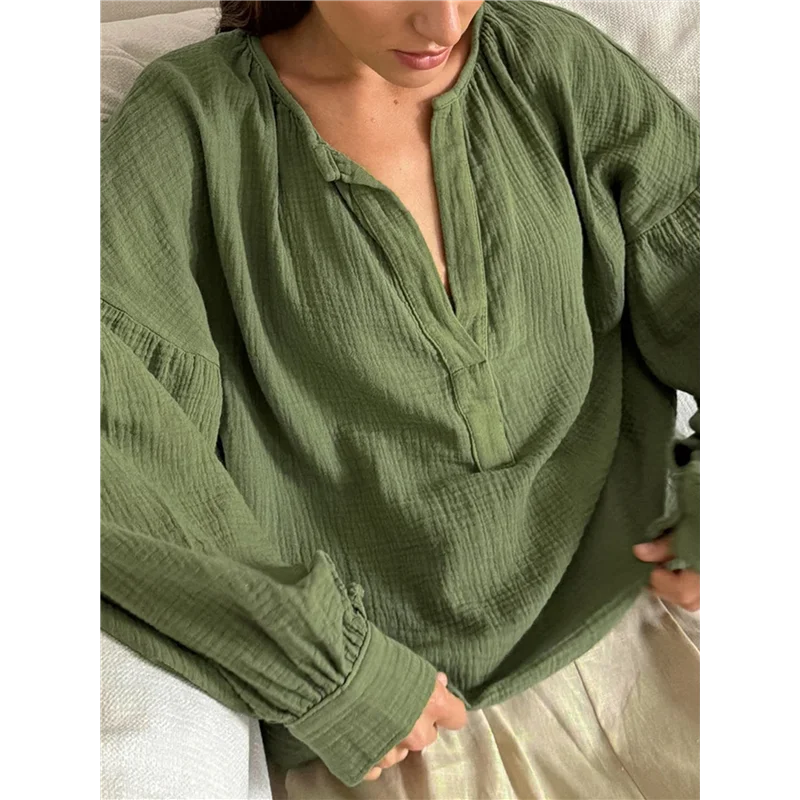 ABRT-Linen Tie Front Shirt Tops Women Lantern Sleeves Blouse Y2K Babydoll Loose V-Neck Tunic Outfits