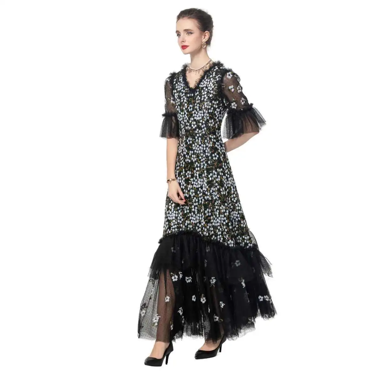 Luxo 2025 primavera flor bordado festa lantejoulas vestido longo feminino manga curta camadas babados bolo vestidos de noite