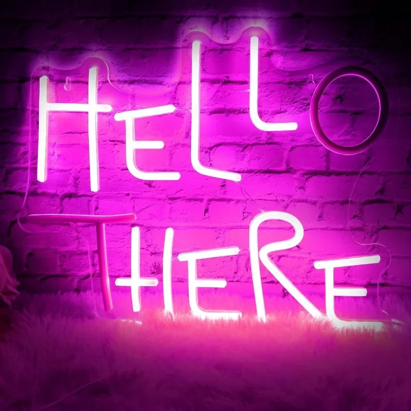Hello There LED Neon Sign for Wall Decor, Dimmable Lighting Pink Letter Neon Sign for Man Cave Bedroom Bar Decor Holiday Gift