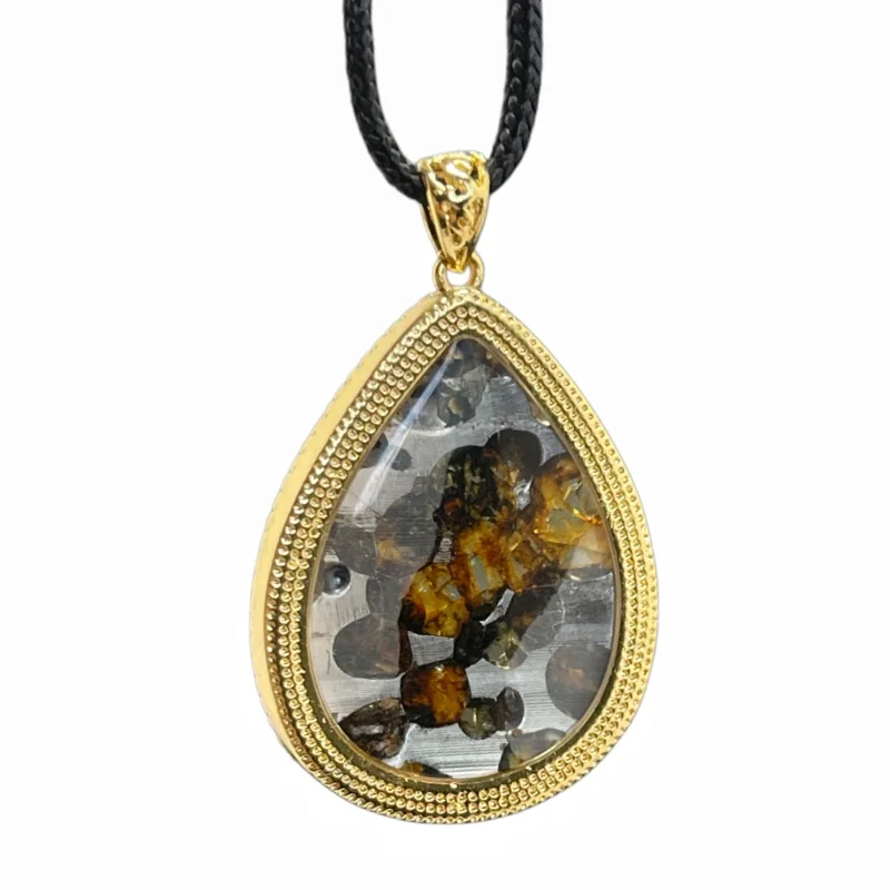 Authentic Seymchan Meteorite Necklace  Gold-Plated Frame  Transparent Slice with Peridot Crystals Pendant LK399