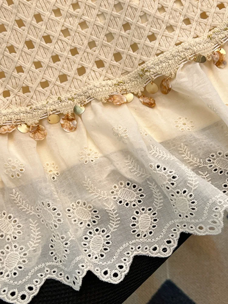 ชุดเซ็ตสองชิ้น เสื้อกล้ามสายเดี่ยวผ้าฝ้ายแท้ แต่งลูกไม้ฉลุลาย สไตล์เกาหลี ทรงหลวม