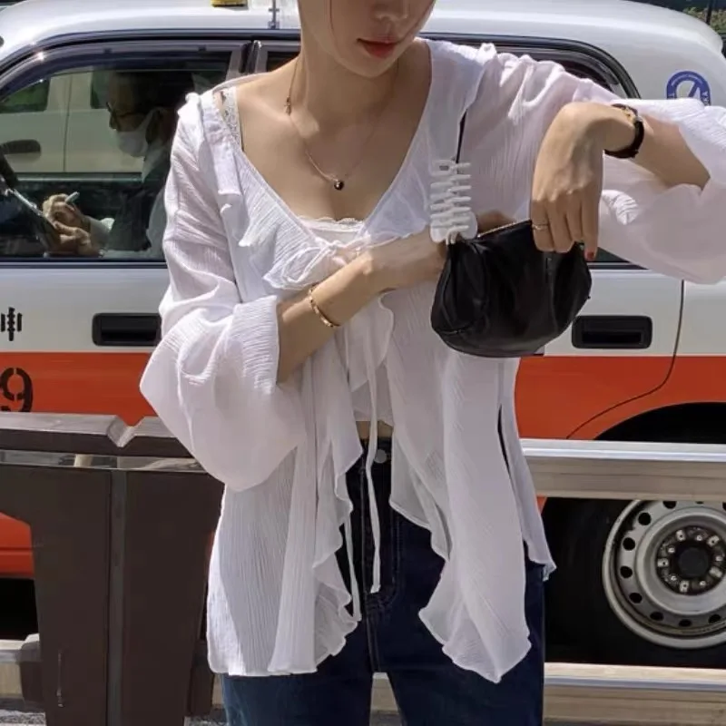 

2026 Spring New Korean Style Women's Shirt V-neck Tie Open Cardigan Long Sleeve Cotton Seamless Fabric UV Protection