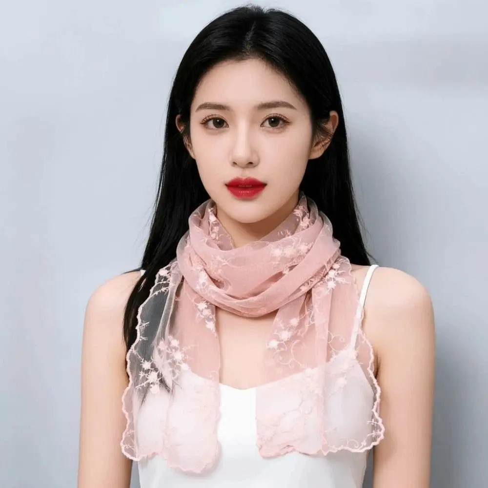 Fashion Breathable Spring Silk Scarf Polyester Silk Embroidered Flower Shawl Lightweight Quick-drying Lace Thin Headscarf Women