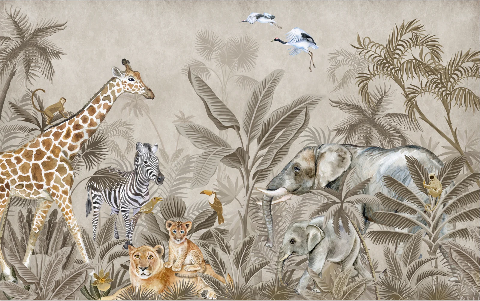 Customized Size Mural Cartoon Plants Banana Leaves Animal Mural Giraffe Elephant Tiger Children's Room Decoration Painting