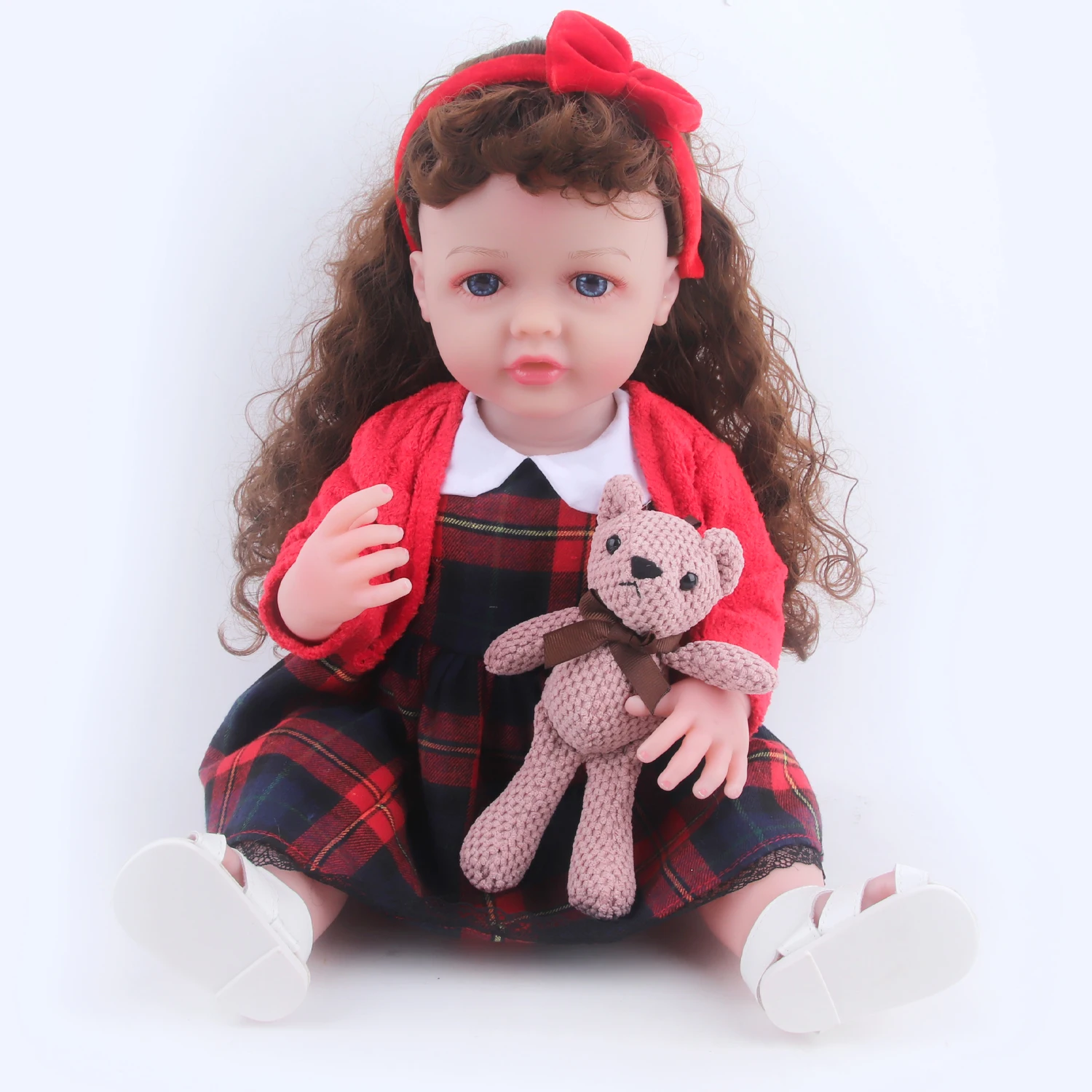 22 Cm Baby Reborn Meisje Pop Kleding Set Geruite Rok + Jas + Haaraccessoires Kledingstuk Pak Voor 22 Inch baby Nieuwe Geboren Pop Speelgoed