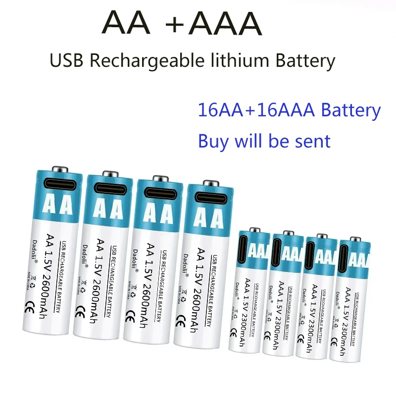 

AA AAA 1.5V rechargeable Battery 2600mAh 2300mAh lithium ion battery USB fast charging for toy Remote control mobile phone