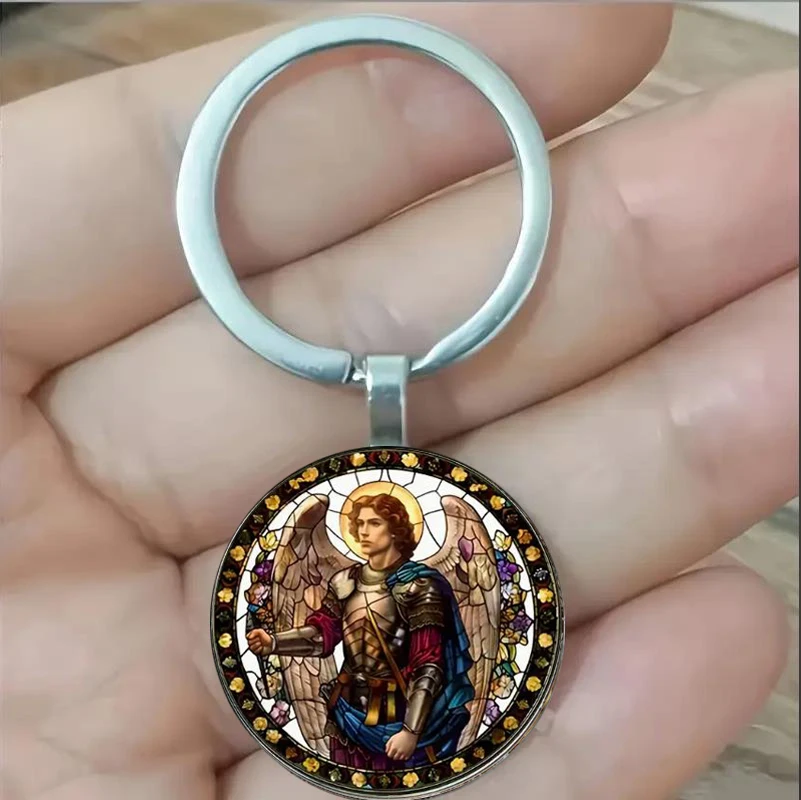 

Angel Michael Stained Glass Keychain - Zinc Alloy Fashionable Keyring, Religious Gothic Faith Bag Charm, Car Pendant, Home Decor