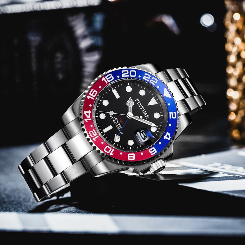 

PINTIME Мужские кварцевые часы GMT Двойной часовой пояс Дизайн Модные мужские деловые часы Мужчины и женщины Водонепроницаемые светящиеся кварцевые часы