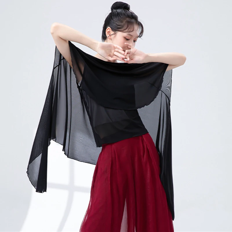 

Классический танцевальный топ, женская двухслойная газовая сетчатая рубашка, блузка феи с круглым подолом, костюм для выступлений, струящаяся тюлевая тренировочная одежда