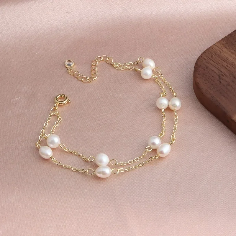 Minar Delicate Rice Natural Freshwater Pearl Beaded Double Layered Strand Bracelets for Women 14K Real Gold Silver Plated Copper