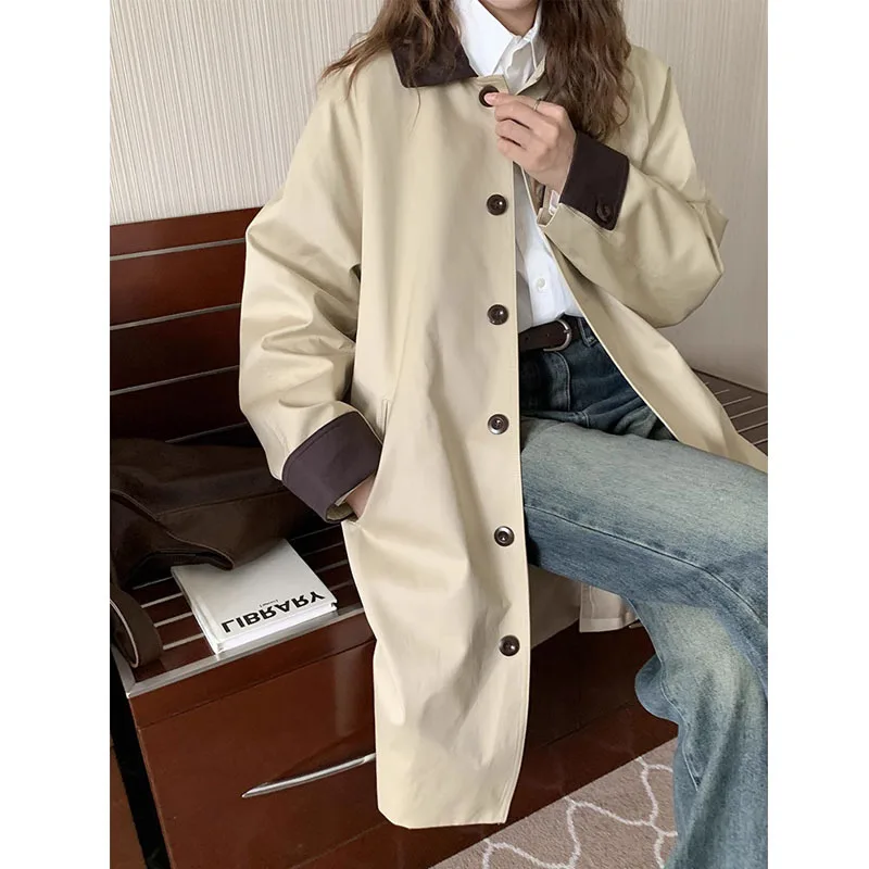 Trench coat di media lunghezza vintage stile college coreano per donna Capispalla beige allentato con risvolto monopetto chic alla moda