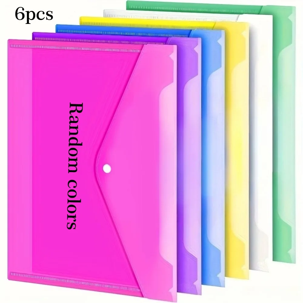 6pcs A4/Letter Snap Envelopes, Rainbow Plastic File Folders for Documents, Heavy Duty Storage Bags, Random Assorted Colors