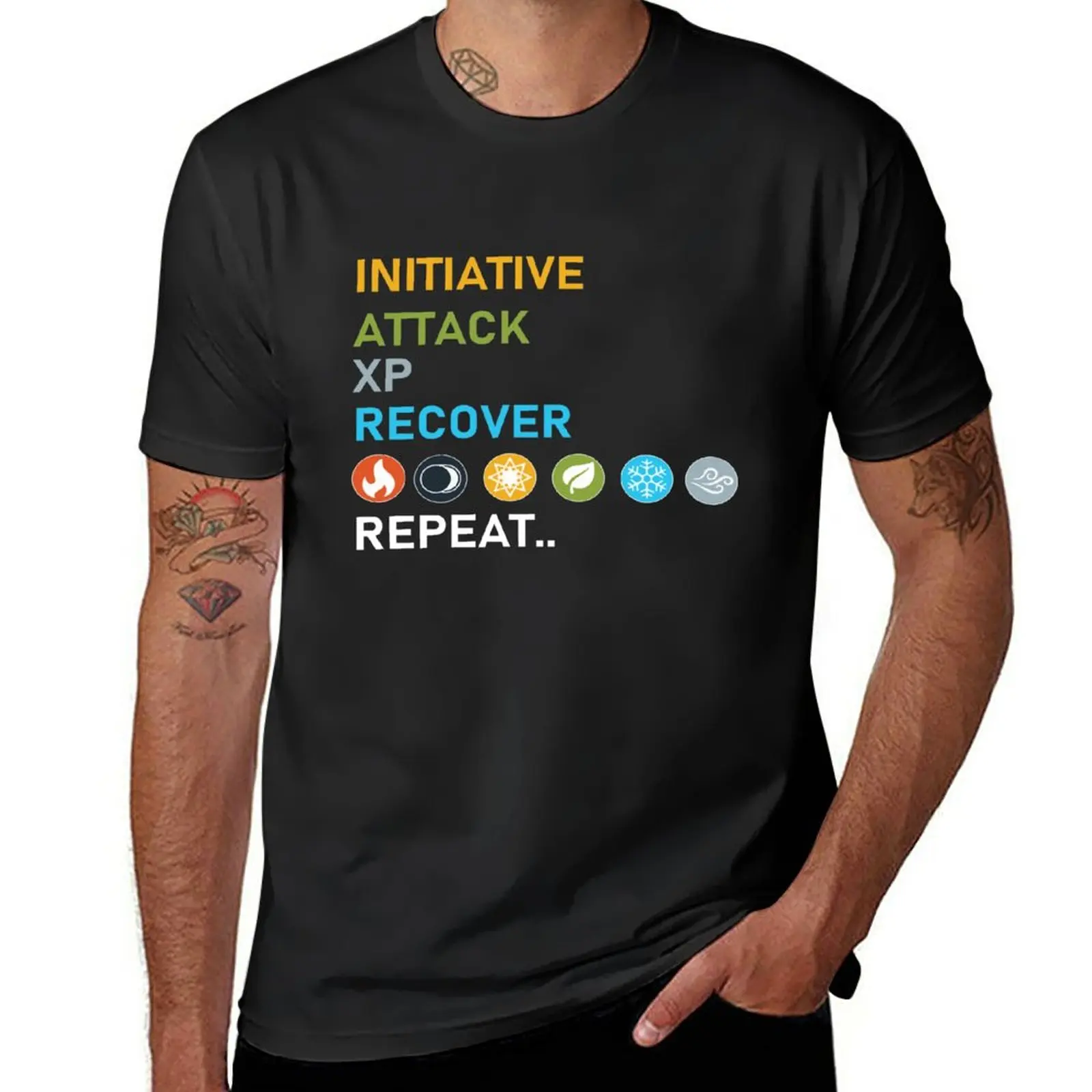 New Gloomhaven Initiative, Attack, XP, Recover, Repeat Board Game Graphic - Tabletop Gaming T-Shirt Anime t-shirt mens clothing