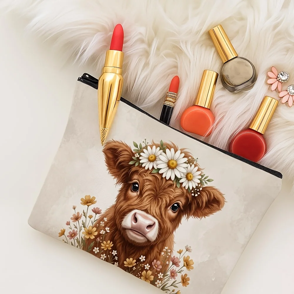 Watercolor Highland Cow Zipper Pouch Baby Cow With Daisy Wreath Wildflower Print Cosmetic Travel Pouch Gift For Animal Lovers