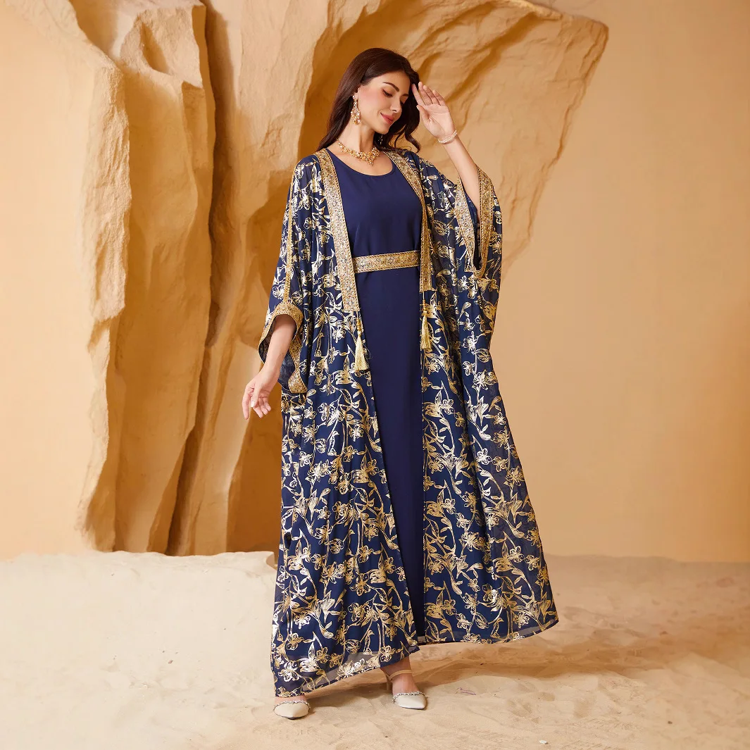 

Fashionable Abaya Summer Lightweight Gold-Print Abaya Elegant Long-Sleeve Modest Abaya Middle-East Casual Embroidered Robe