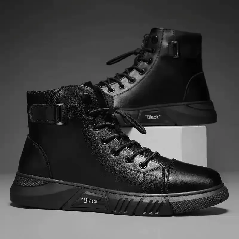 Men's High Top Motorcycle Boots Fashion Black Leather Boots New Outdoor Waterproof Platform Boot Men Boots Luxury Designer