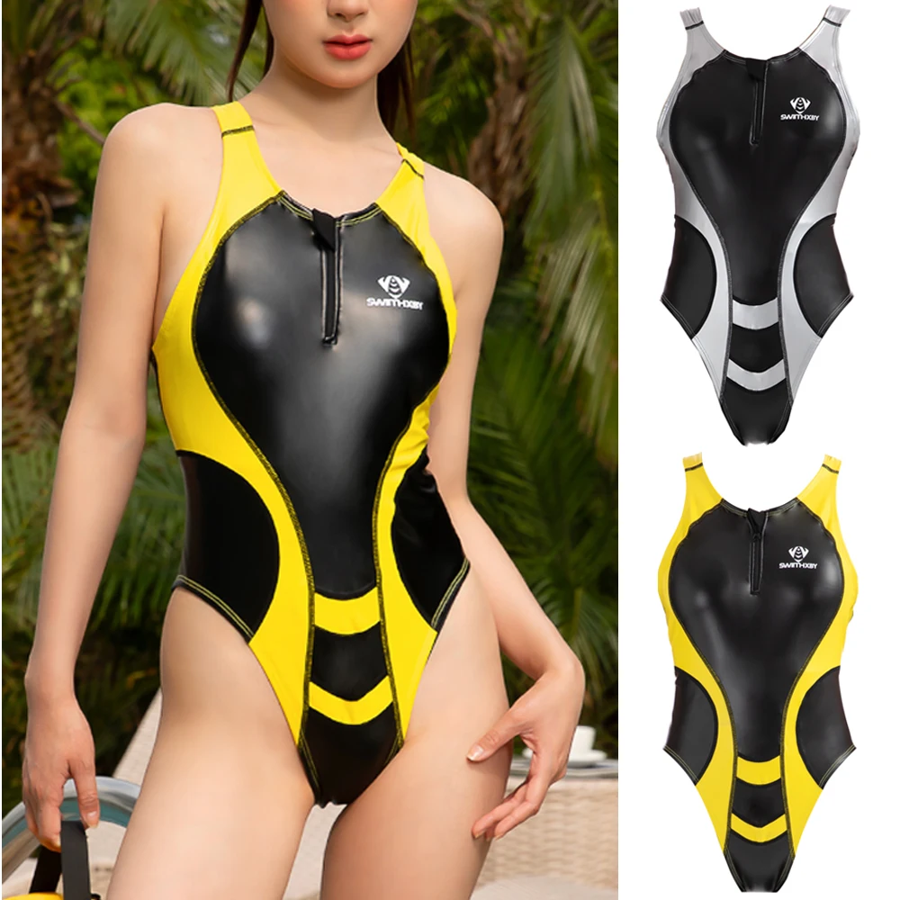 Kobiety brokat japoński profesjonalny jednoczęściowy strój kąpielowy PU skórzane trykoty Patchwork Zipper stroje kąpielowe plaża Surfing kostiumy kąpielowe