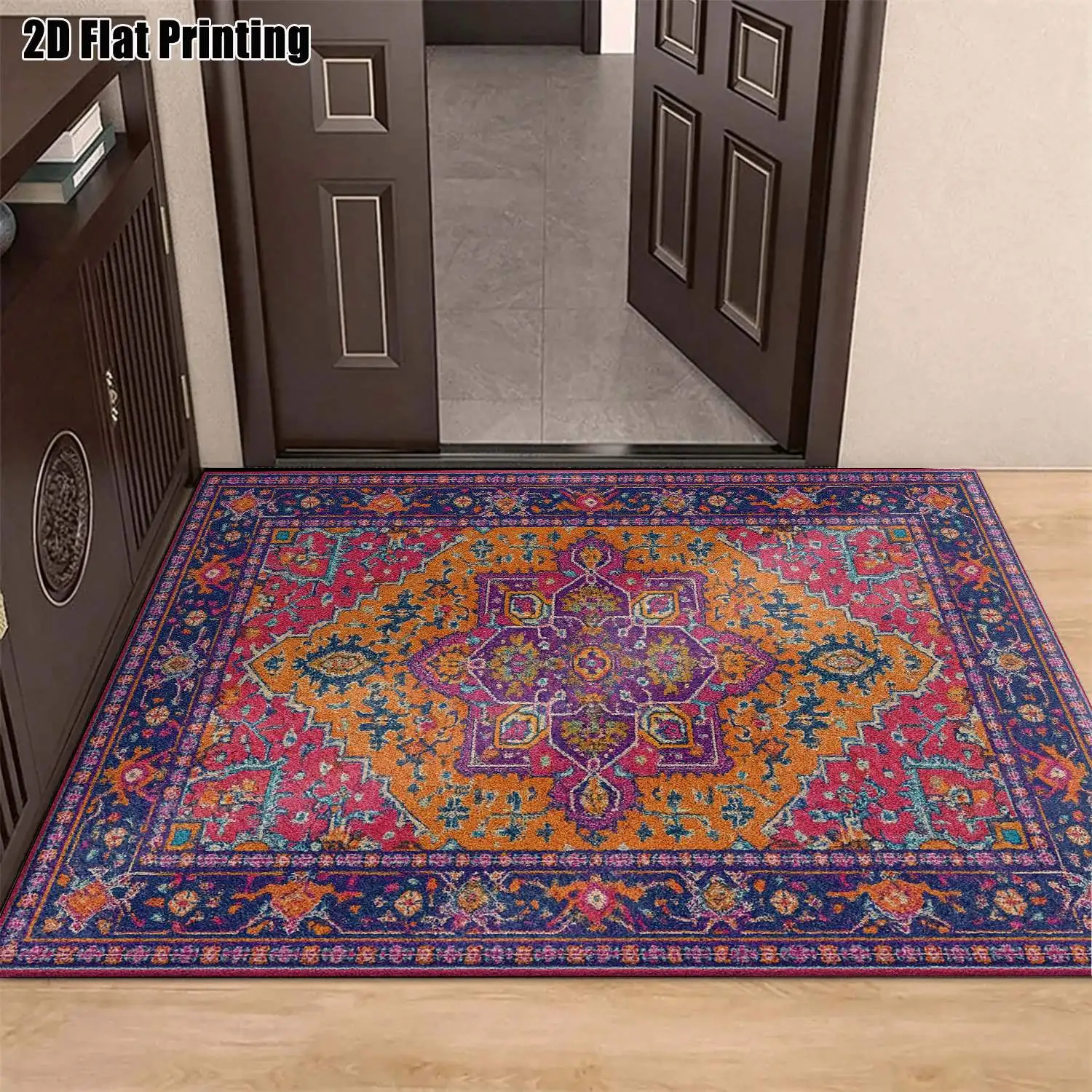 1Pc 2D Printed Orange-Red Geometric Bohemian Vintage European-Style Carpet, Multi-Size Machine-Washable Home Decor for Entrance, Dining Room, Foyer, Bedroom, Living Room