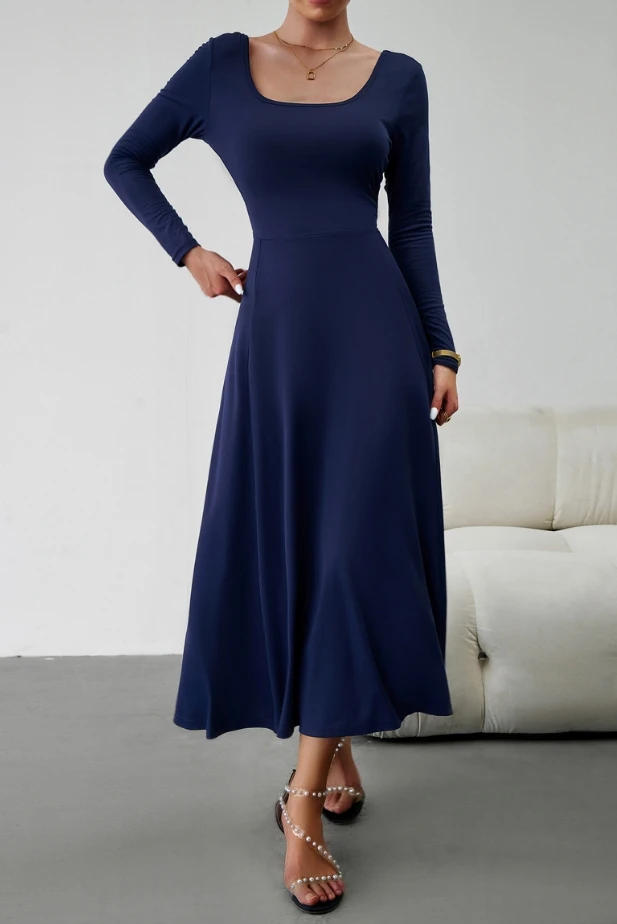 Vestido de manga comprida feminino, vestido de cintura cinched, tecido de seda fresco, gola em forma de U, estilo elegante, cor sólida, primavera e outono